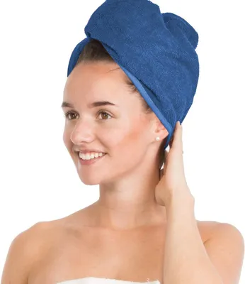 Produktbild von Haarturban Haartrockentuch Kopftuch Haarkappe Handtuch mit Knopf 100% Baumwolle (Blau)