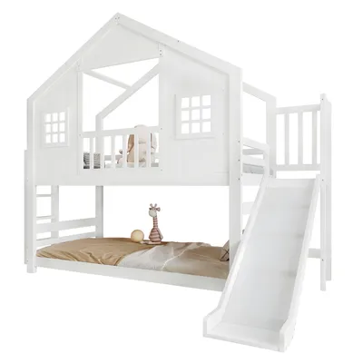 Produktbild von Etagenbett mit 2 Liegeflächen, Lattenrost, Rutsche und Rausfallschutz, 90x200cm, Hausbett, Spielbett, Kinderbett, Kiefer
