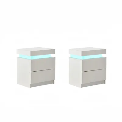 Two white nightstands with blue LED lights are shown against a white background.