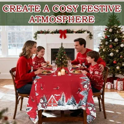 Obrázek produktu pro Červená vánoční ubrus Unyqoos® s motivem sněhuláka – polyester, rozměry 140 x 180 cm, obdélníkový, vhodný pro 4–6 osob, slavnostní dekorace na stůl