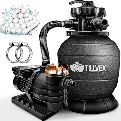 Produktbild von Sandfilteranlage Pool 10 m?/h inkl. 800g Filterbälle | Filteranlage 7-Wege Ventil & 2in1 Adapter ?32mm - 38mm | Poolfilter mit Druckanzeige | Sandfilter für Schwimmbecken (Schwarz)