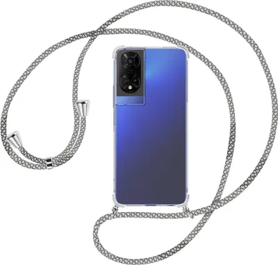 Produktbild von Handykette Backcover-Schutzhülle mit Band (Metall silberfarben) für TCL 50 5G - weiß/grau kariert