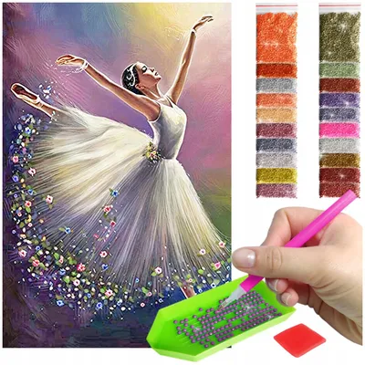 Zdjęcie produktu dla Haft diamentowy ARTULIO - Baletnica w kolorowej sukni - 60 x 40 cm - Diamond painting, Kompletny zestaw: mozaika + akcesoria