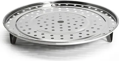 A stainless steel steamer insert with legs, shown from a slightly elevated side angle against a white background.