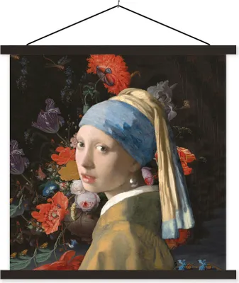 Produktbild von MuchoWow® Textilposter Das Mädchen mit dem Perlenohrring - Vermeer - Blumen 60x60 cm mit schwarzem Rahmen - Posteraufhänger