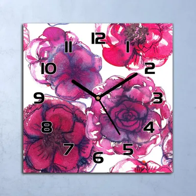 Produktbild von Wanduhr Echt-Glas-Küchenuhr Gemalte rote Blumen Quarz 30x30 Deko Bilder