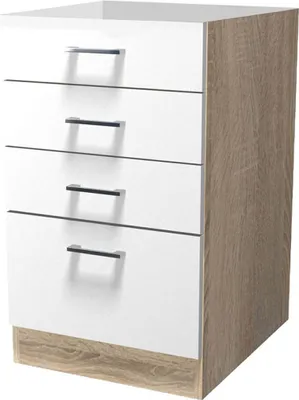 A white and wood-grain filing cabinet with four drawers.