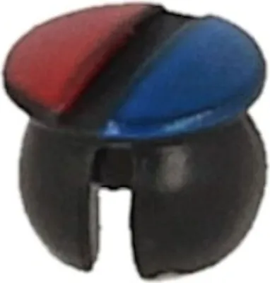 A close-up studio shot of a small black plumbing fitting with red and blue accents.