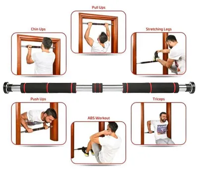 Produktbild von Klimmzugstange für Türrahmen - Trainingsstange - Verstellbar 80–115 cm - Belastbar bis 150 kg - Für Arme & Rumpftraining - Schwarz