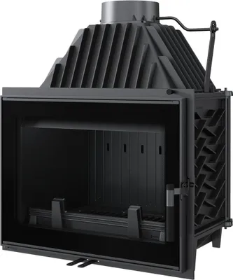 A black cast iron fireplace insert is shown against a white background.