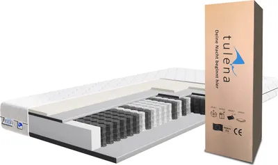 A cross-section of a mattress and its packaging is shown against a white background.