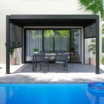 Image de Pergola bioclimatique adossée grise 3x4m et 2 stores - Oviala Oia