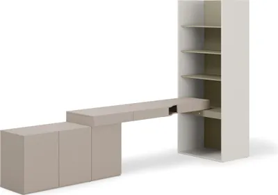Produktbild von Furniture24 Möbelset Woow Set-08L - Schreibtisch, Kommode, Regal mit LED in Lehmgrau/Champagner/Eukalyptus, modernes Design für Büro/Kinderzimmer