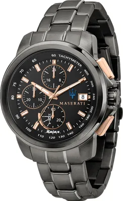 A close-up studio shot of a Maserati chronograph watch on a white background.
