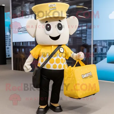Immagine prodotto di Personaggio in costume mascotte REDBROKOLY gelato giallo vestito con una camicia abbottonata e borse tote