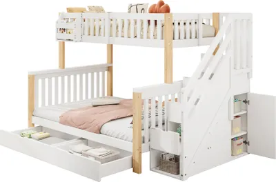 Produktbild von Kinder-Etagenbett, Doppelbett, multifunktionales Kinderbett mit Ablagekorb, mit Schublade, mit Treppenschrank, mit Ablageschrank, ohne Matratze, weiß + naturfarben, Massivholz + MDF