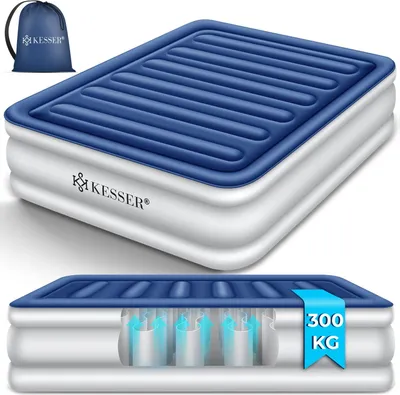 An inflatable mattress with a storage bag and a cutaway view showing internal support structures.