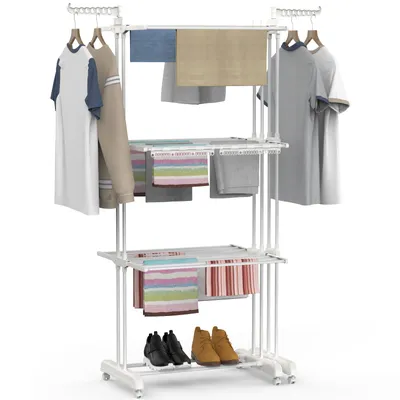Produktbild von Verdego Wäscheständer Metall mit Rollen, Klappbar & Ausziehbar, 3 Etagen, 66 x 50 x 170 cm, für Innen, Außen & Balkon, inkl. Sockenclips, Weiß