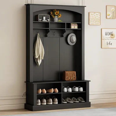 Produktbild von MODFU Garderobensets mit Bank und Schuhablage, ultifunktionale Aufbewahrungsbank mit 3 hängenden Haken & offenem Stauraum für Flur,H190/B120/T40 cm,Schwarz