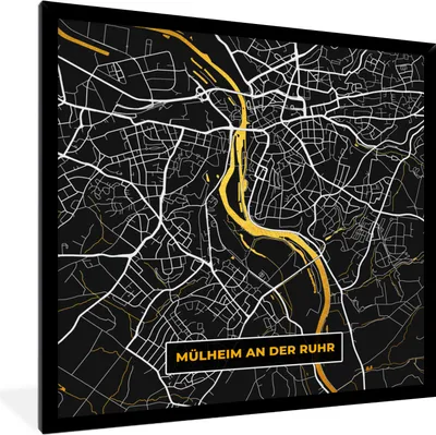 Produktbild von MuchoWow® Gerahmtes Poster Mülheim an der Ruhr - Gold - Stadtplan - Karte - Deutschland 40x40 cm - Poster mit Schwarzem Bilderrahmen Wandposter Rahmen Foto Bilder - Mit Rahmen - Wanddekoration Schlafzimmer