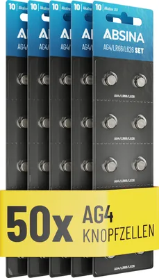 Produktbild von ABSINA AG4 LR66 Knopfzelle 50er Pack - 1,5V Alkaline Knopfzellen SG4 / V4GA / G4A / 4GA / L626 / 177 / LR626