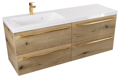 Produktbild von ATHD Wandhängender Waschtischunterschrank mit Waschbecken 120 cm S Links - Evoke Matt Eiche - Griffe aus poliertem Gold