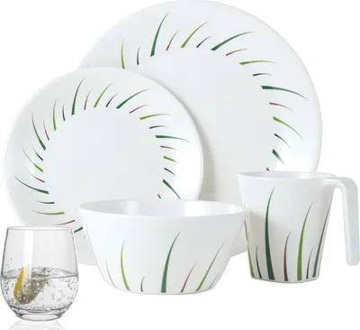 Produktbild von Melamin Camping Geschirr Set 4 Personen Limon Design 16 Teilig + 4 Wassergläser Saft Gläser Tafelgeschirr Picknick BBQ Kochgeschirr