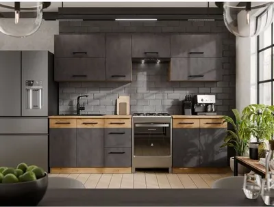 Image de Cuisine ROCK complète avec 7 éléments - Chêne Lancelot etReproduction gris Matera - L260 x P 52 x H82 cm - Plan de travail non fourni