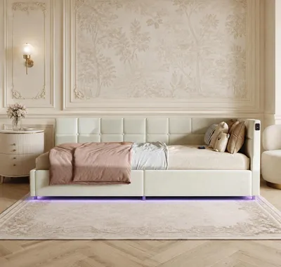 Produktbild von INONEFT Polsterbett Schlafsofa 90×200 cm mit LED und USB, Jugendbett mit Hydraulique Bettkasten, Einzelbetten, Pluschstoff, Ohne Matratze, Beige, KI-generiertes Bild
