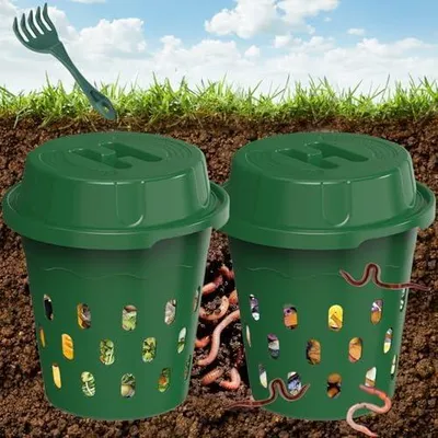Produktbild von Unterirdischer Wurmkomposter, 2er-Pack 8L Beetkomposter zum Eingraben, für Garten & Hochbeet, kompostiert Küchenabfälle, Einsteiger, Grün (24x24x27,5 cm)