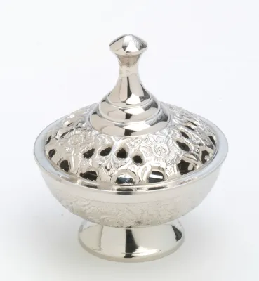 Produktbild von Räucherschale, Weihrauchschalen Messing vernickelt Silber mit Kohlensieb (H 9 cm) für Räucherkohle