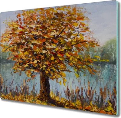 Produktbild von Coloray Herdabdeckplatte 60x52 cm Schneidebrett Kochplattenabdeckung Küchenbrett Hackbrett - See Baum Blätter im Herbst