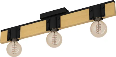 Image de EGLO Spot de plafond Bailrigg, plafonnier à 3 flammes, plafonnier rectangulaire, bois naturel et métal noir, spot de plafond avec douille E27