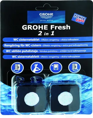 The image shows the packaging of GROHE Fresh 2 in 1 WC cistern tablets.