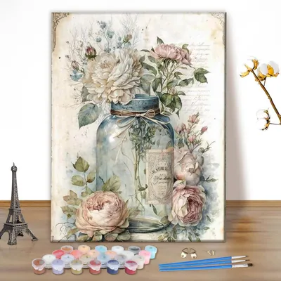 Produktbild von Malen nach Zahlen Set Vintage Blume 40x50cm Ohne Rahmen Acrylfarben Pinsel Leinwand