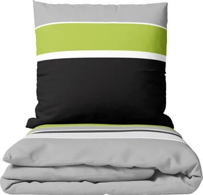 A folded duvet cover and pillowcase set with horizontal stripes.