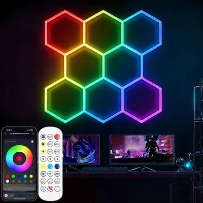 Image de Lampe hexagonale LED RGB - 8 panneaux hexagonaux - Bluetooth - Contrôle via application - Télécommande - Éclairage intérieur - RGB