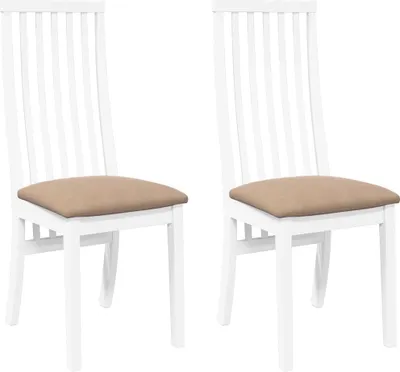 Two white dining chairs with brown seats are shown against a white background.