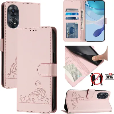 Produktbild von Leder Hülle für Oppo Reno8 T 4G Süße Katze Flip Case Brieftasche Schutzhülle mit Standfunktion Pink