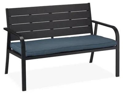 Image de Banc de jardin - Banc de balcon avec coussin - 2 places - Aspect bois - 118 cm - Noir et anthracite