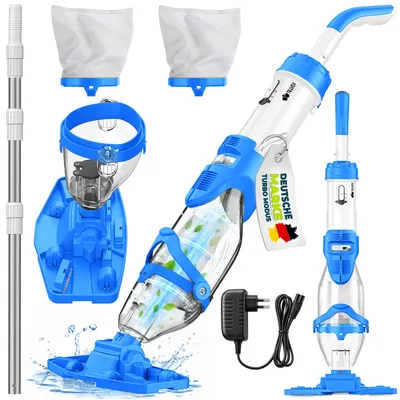 Produktbild von tillvex Poolsauger Blau/Weiß mit Akku & Teleskopstange + Ersatzfilter bis zu 15 m³ | Pool Bodensauger elektrisch | Poolreiniger mit Filter & 60 min Laufzeit | Handsauger Reinigungsset kabellos