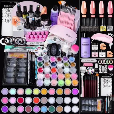 Imagen del producto de Kit de uñas acrílicas Limegirl: polvo, líquido, pincel y accesorios para decoración de uñas