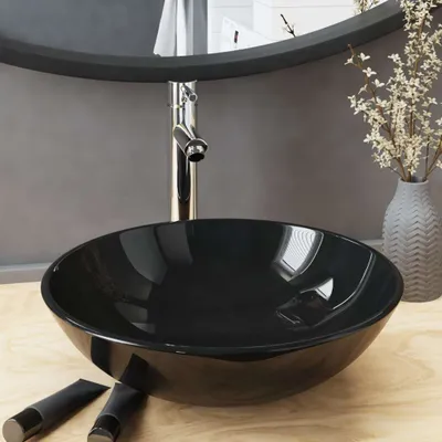 Produktbild von "im Angebot" Badezimmer Waschbecken mit Wasserhahn Ablaufgarnitur Schwarz - Waschbecken CC3521
