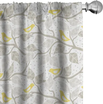 Obrázok produktu pre ABAKUHAUS Šedé a žlté závesy, záclony, abstraktné stromy s listami, vtáky a bodky, jar, príroda, 2 kusy, 75 x 225 cm, žltá, biela, šedá