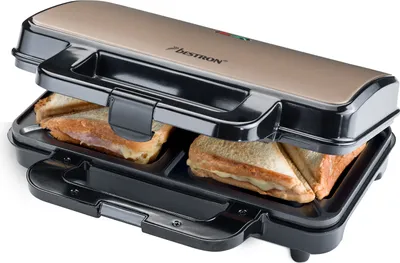 Produktbild von Bestron XL Sandwichmaker, Antihaftbeschichteter Sandwich-Toaster für 2 Sandwiches, inkl. automatischer Temperaturregelung & Bereitschaftsanzeige, 900 Watt, Farbe: Hellbeige/Satin
