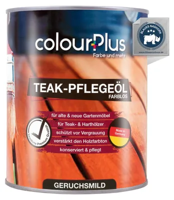 Produktbild von colourPlus Teak-Pflegeöl 1 l, Farblos – Teaköl für Gartenmöbel & Hartholz außen, offenporig & wasserabweisend, schützt vor Vergrauung