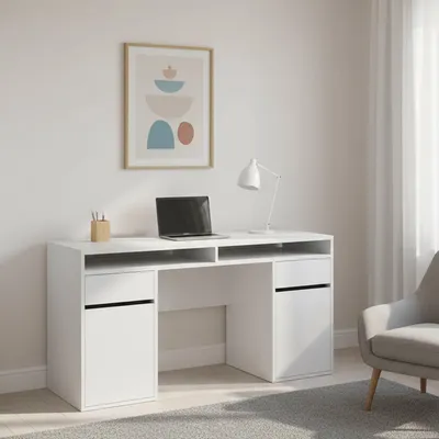Immagine prodotto di Dmora Scrivania Leepi 48.2x149x77.4h cm Bianco Lucido, 2 Ante 2 Cassetti