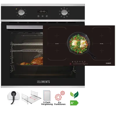 Produktbild von KB ELEMENTS Sparset, Einbauherd Set, Herdset, Induktionskochfeld 5 Kochzonen 90cm 9400 Watt, Einbaubackofen 60cm 70 Liter, EEK A+