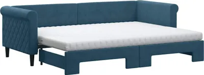 Imagen del producto de Cama nido extensible con colchones, color azul, 80x200 cm, tapizada en terciopelo