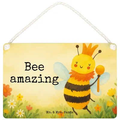 Produktbild von Mr. & Mrs. Panda Schild Biene König Design DIN A6 - Weiß - Geschenk, wandtafel, Wandbild Holz, Türschild, Holzschild, kleine aufmerksamkeit